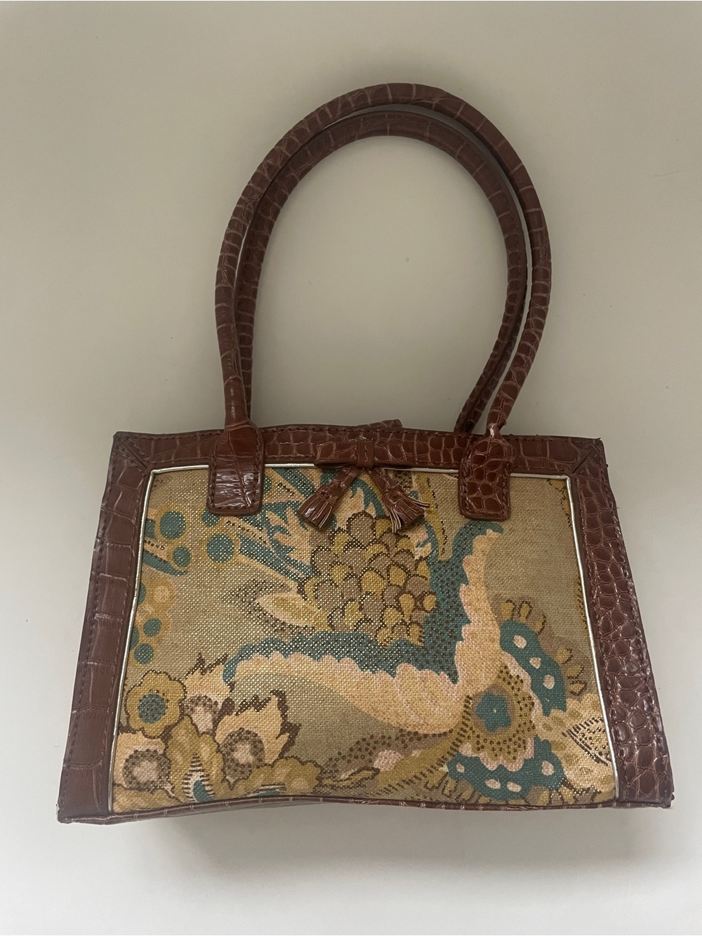 Vintage Liz Claiborne Blue & Brown Floral Tapestry & Faux Croc Leather Handbag